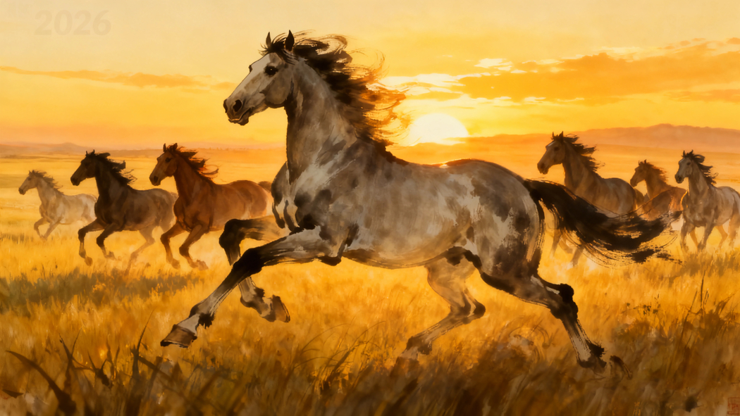 2026年草原黄昏夕阳下骏马奔腾水墨风4K高清壁纸3840x2160下载