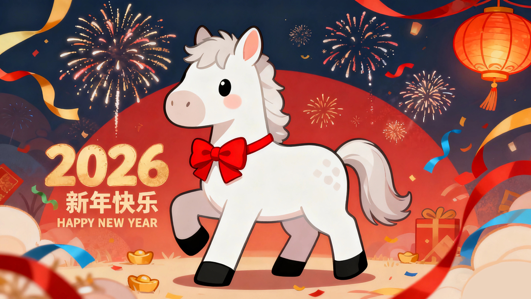 2026新年喜庆4K高清壁纸，可爱小马配蝴蝶结、烟花、灯笼、元宝3840x2160下载
