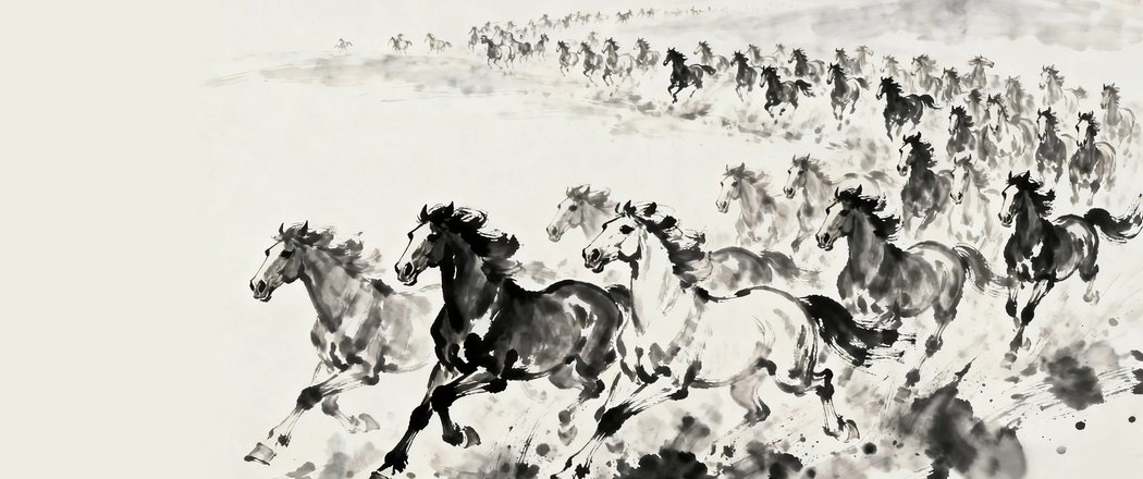 2026万马奔腾水墨画 3440x1440超清带鱼屏壁纸下载