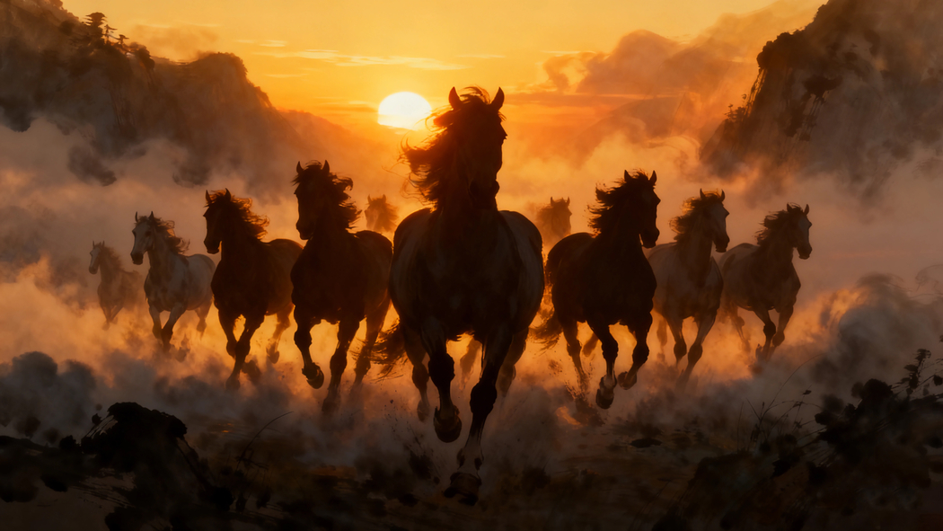 4K高清，十骏奔腾映美丽黄昏，3840x2160动物壁纸下载