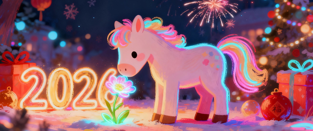 2026新年夜，小马、花儿与烟花，3440x1440超清带鱼屏壁纸下载