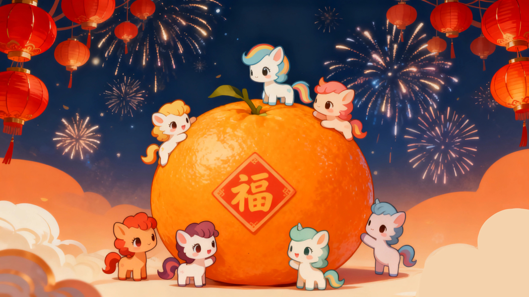 2026喜庆风4K高清壁纸，可爱小马、桔子、福字、烟花与灯笼3840x2160电脑背景下载
