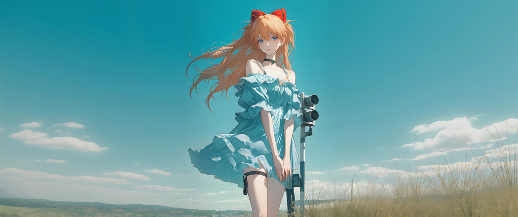 4K高清3440x1440带鱼屏，动漫长发女孩着蓝裙配蝴蝶结头饰于蓝天背景壁纸免费下载