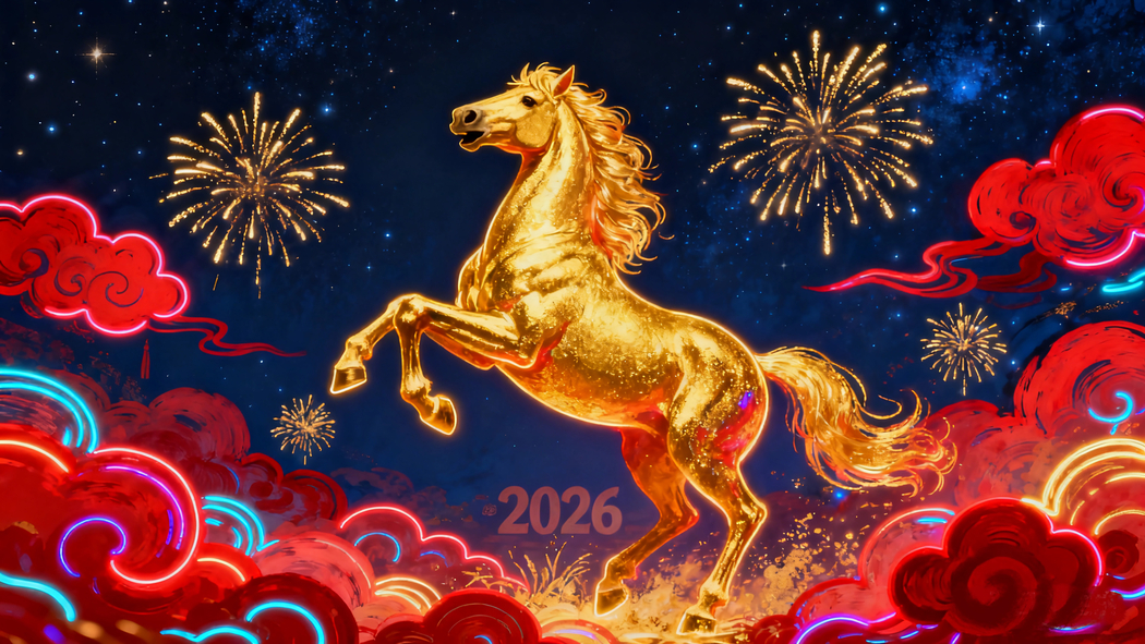 2026金色骏马夜绽烟花映红祥云 4K超清壁纸3840x2160下载