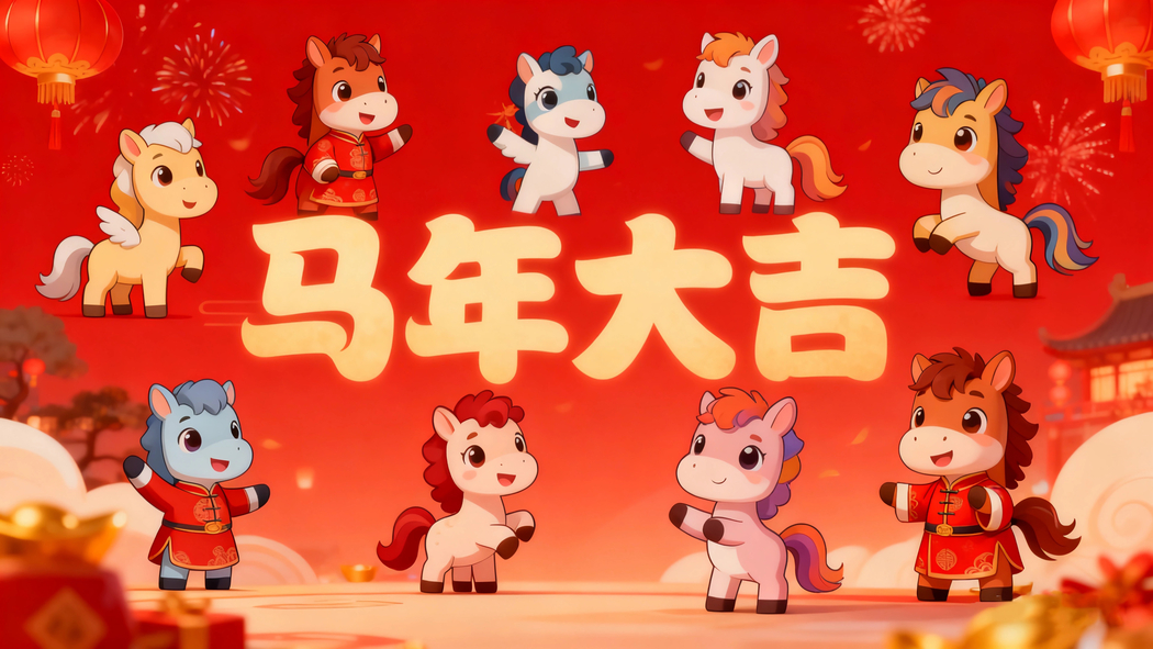 2026马年迎新，9只萌马配红色喜庆4K高清壁纸3840x2160下载