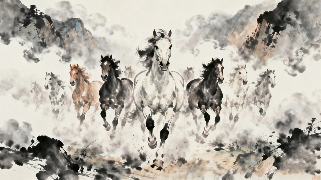 2026马年高清水墨画，十匹骏马奔腾5K/4K超清壁纸5460x3070下载