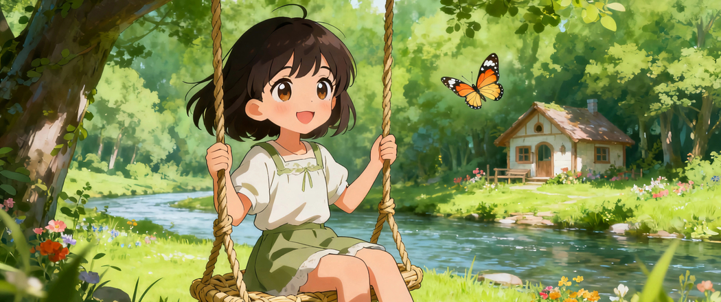 4K高清3440x1440带鱼屏动漫壁纸，小女孩微笑悠坐挂藤上下载