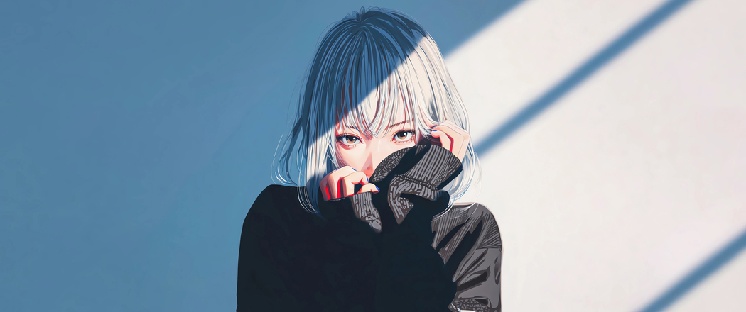 4K高清3440x1440带鱼屏动漫壁纸，光影下的黑衣短发女孩免费下载