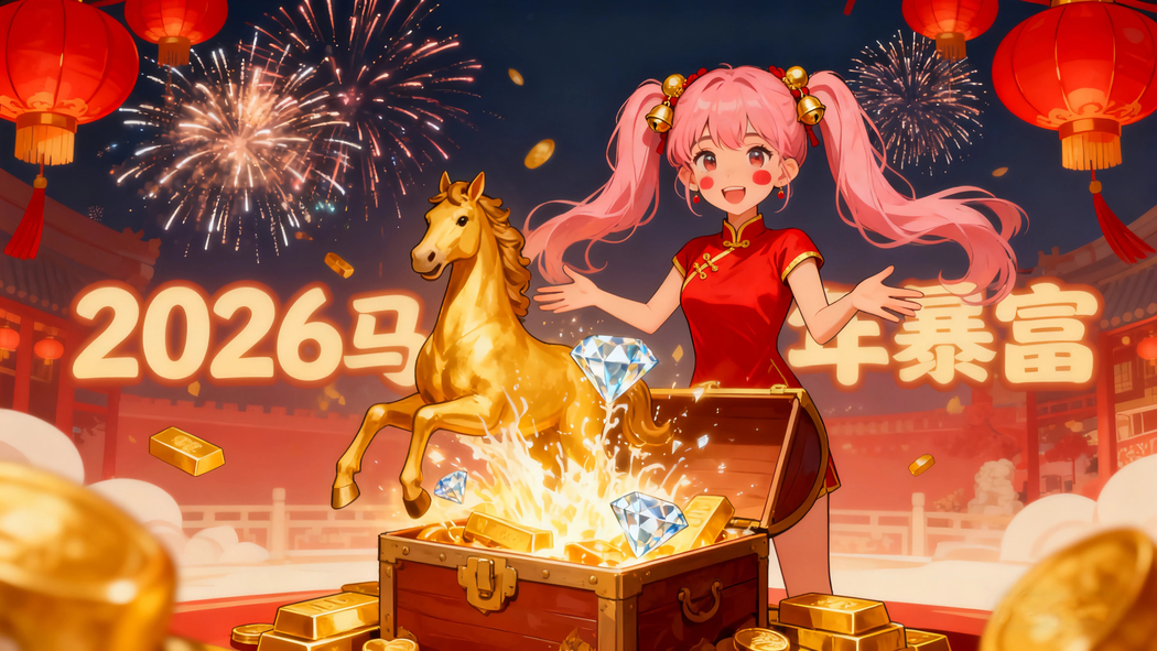 2026马年暴富主题，女孩马尾辫配灯笼烟花4K高清壁纸3840x2160下载