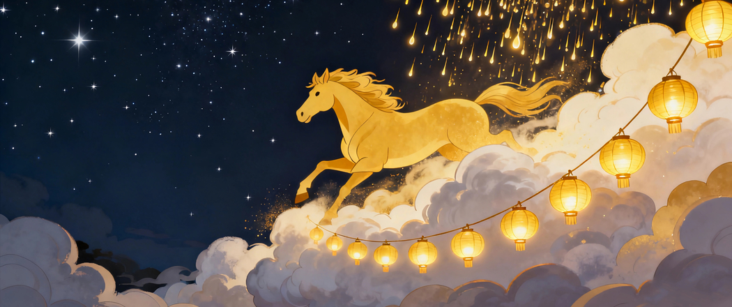 2026马年主题，星空云影灯笼 3440x1440超清带鱼屏壁纸下载