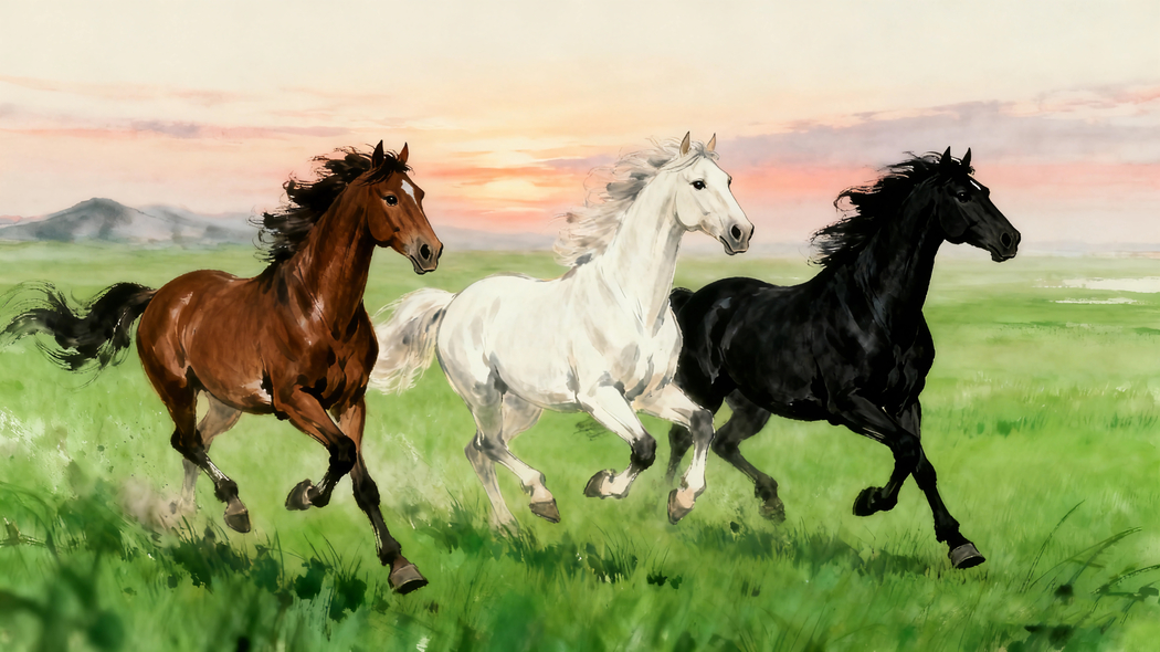2026马年特辑，草原三骏5K/4K超高清图片素材，壁纸尺寸5460x3070免费下载