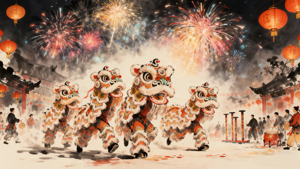 2026新年盛景，舞狮烟花映灯笼 水墨画风4K高清壁纸3840x2160下载