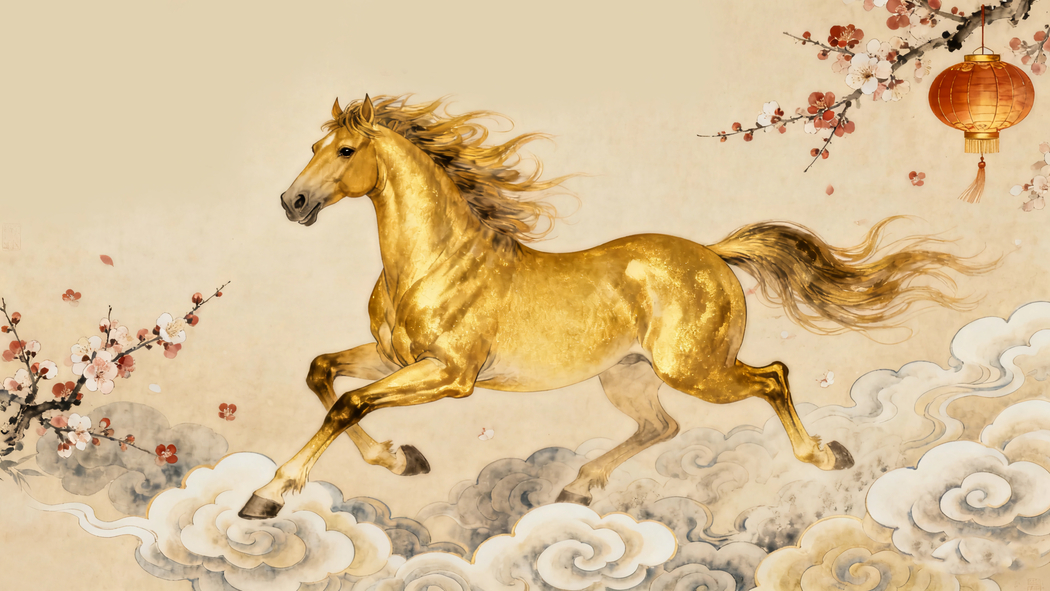 2026马年国风盛景，金色骏马携祥云 4K高清壁纸3840x2160下载