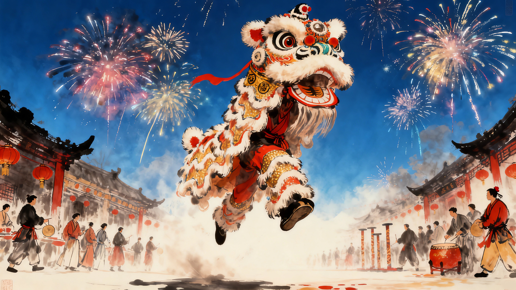 2026喜庆春节，舞狮锣鼓烟花伴 新年4K高清壁纸3840x2160下载