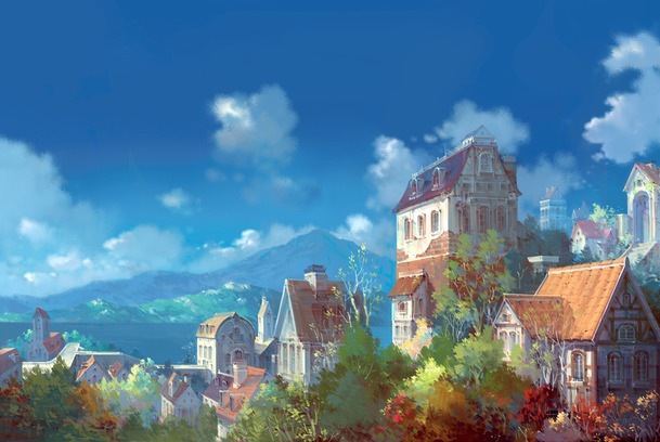 蓝天白云卡通房屋插画，高清PNG透明背景手绘设计素材免费下载