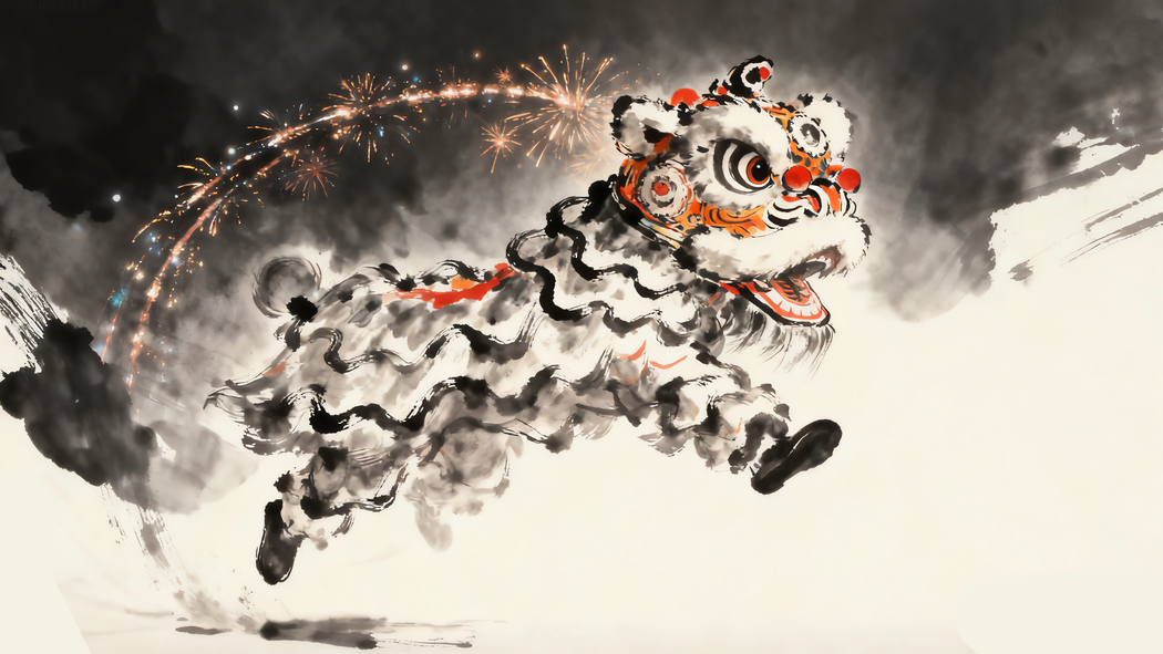 2026新年舞狮烟花水墨风，4K高清壁纸3840x2160免费下载