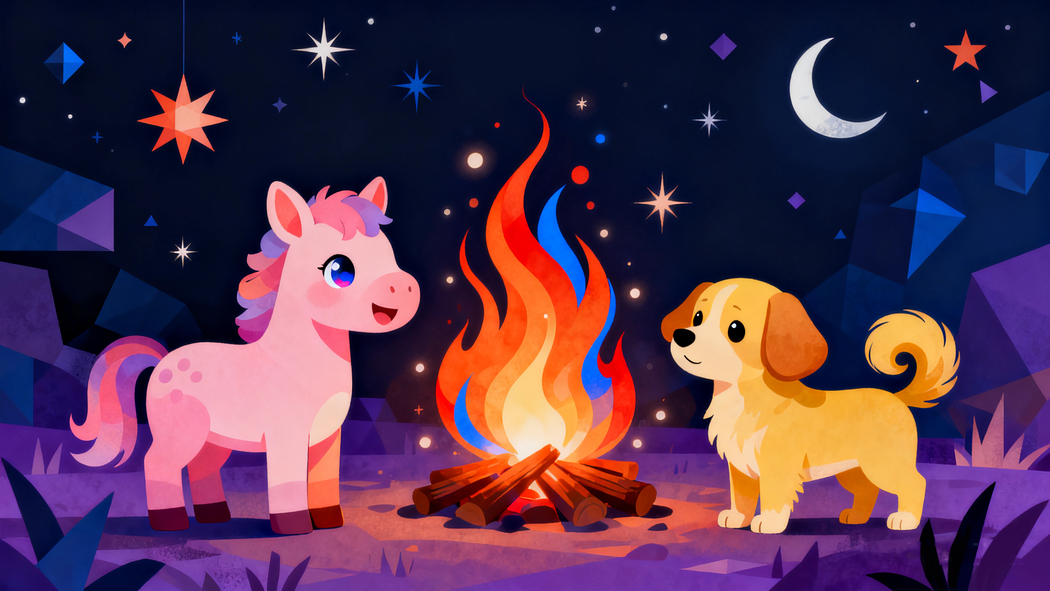 2026新年夜 小马小狗篝火旁 4K高清可爱卡通壁纸3840x2160下载