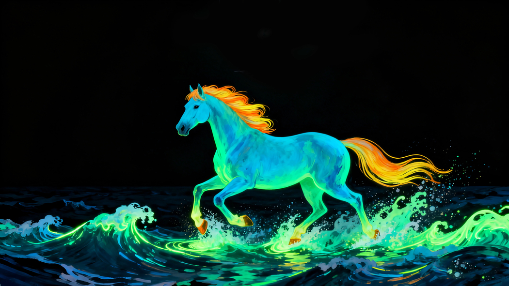 2026马年夜景,荧光色骏马海边驰骋4K高清壁纸3840x2160下载 2026马年夜景,荧光色骏马海边驰骋4K高清壁纸3840x2160下载