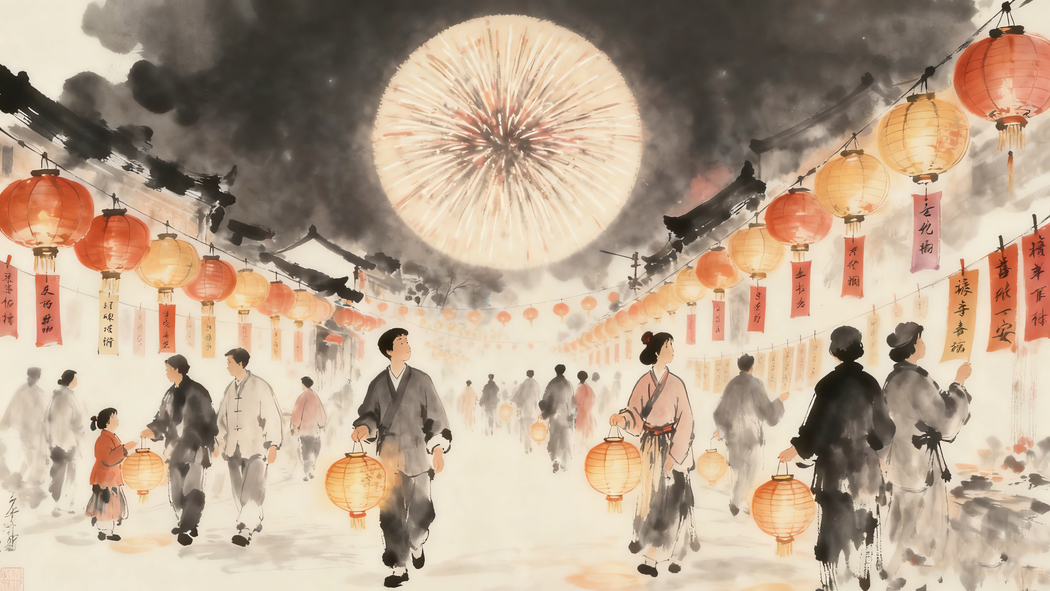2026春节特辑，烟花油灯字谜主题4K高清壁纸3840x2160下载