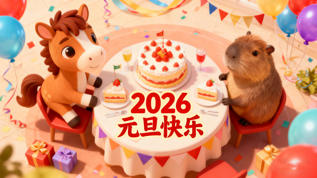 2026元旦喜庆4K高清壁纸，可爱小马与卡皮巴拉蛋糕主题3840x2160下载