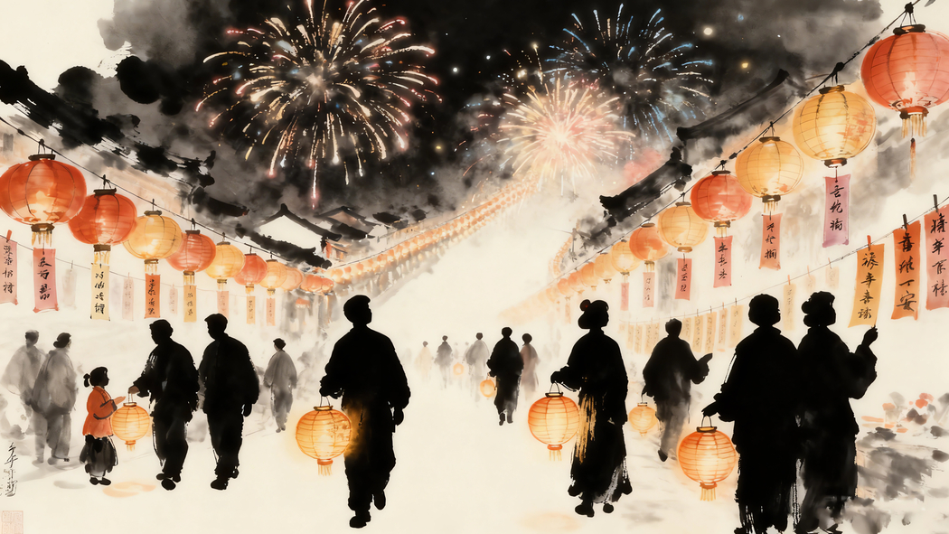 2026新年水墨风，烟花油灯猜字谜4K高清壁纸3840x2160下载