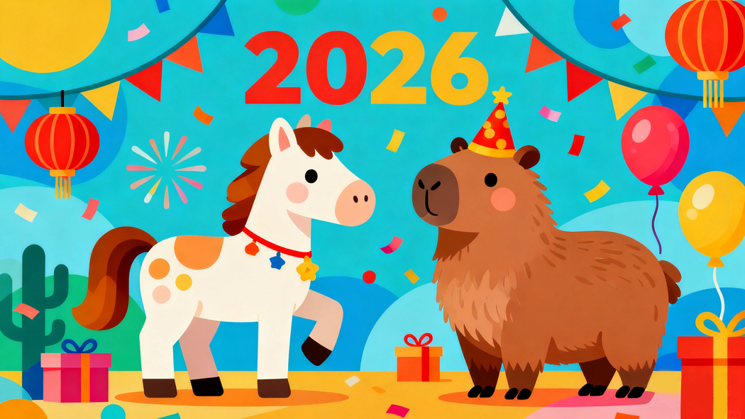 2026马年萌趣，小马与卡皮巴拉新年4K高清卡通壁纸3840x2160下载