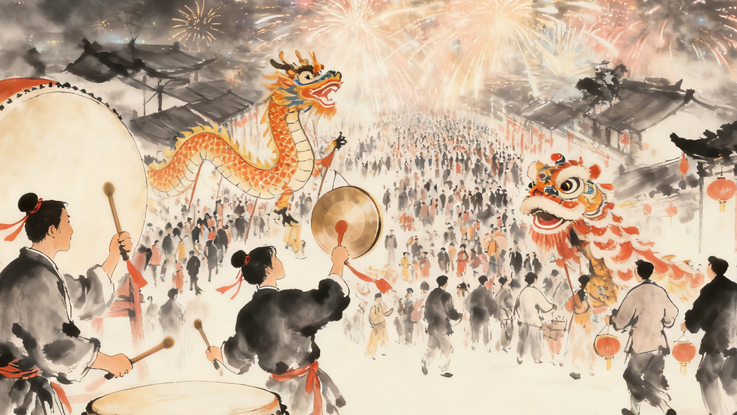 2026新年盛景,烟花舞龙舞狮锣鼓喧天 水墨风4K高清喜庆节日壁纸3840x2160下载 2026新年盛景,烟花舞龙舞狮锣鼓喧天 水墨风4K高清喜庆节日壁纸3840x2160下载