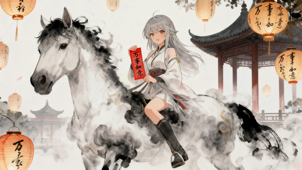 2026马年古风水墨风，俏女孩与骏马4K高清壁纸3840x2160下载