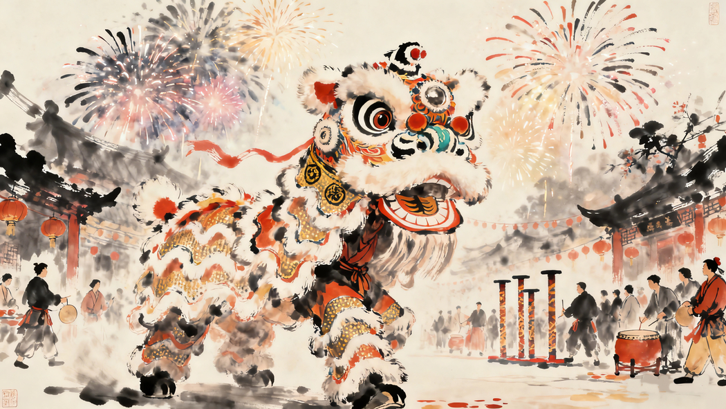 2026新年水墨风4K高清壁纸，舞狮烟花映喜庆热闹街景3840x2160下载