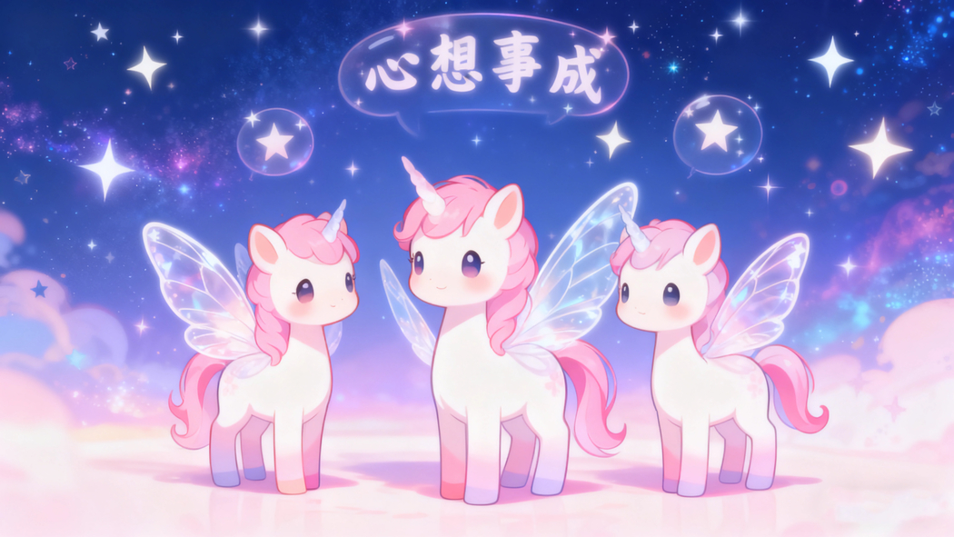 2026年专属，独角兽携三只带翅小马4K高清壁纸3840x2160心想事成下载