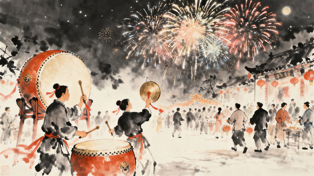 2026新年盛景，烟花舞龙锣鼓喧天 喜庆水墨风4K高清壁纸3840x2160下载