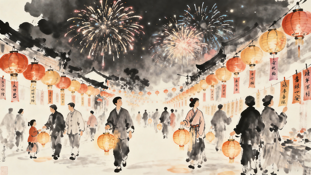 2026新年主题，烟花油灯字谜趣，水墨画4K高清壁纸3840x2160下载