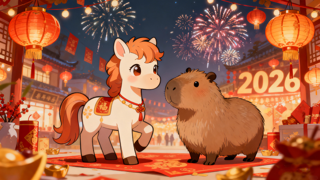 2026马年新春，小马与卡皮巴拉共庆，烟花灯笼映4K高清壁纸3840x2160下载