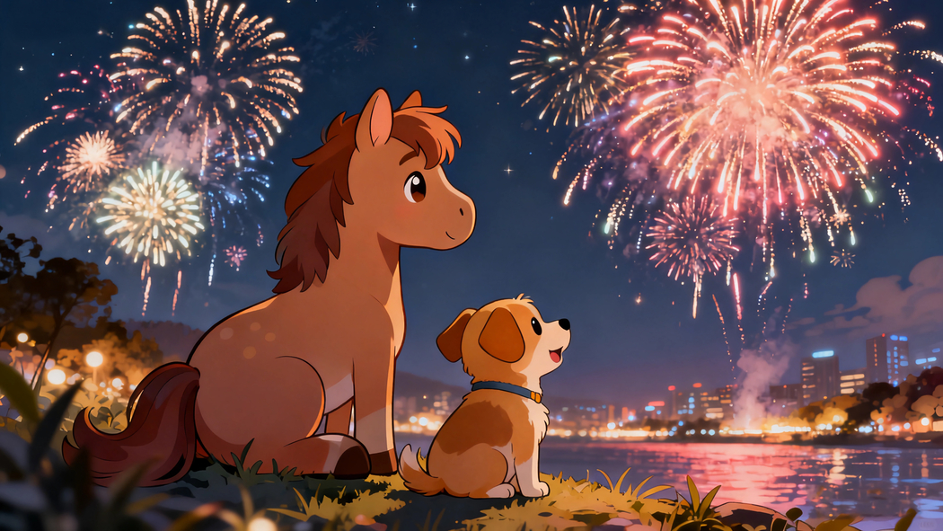 2026马年特辑，小马与小狗共赏烟花 新年4K高清壁纸3840x2160免费下载