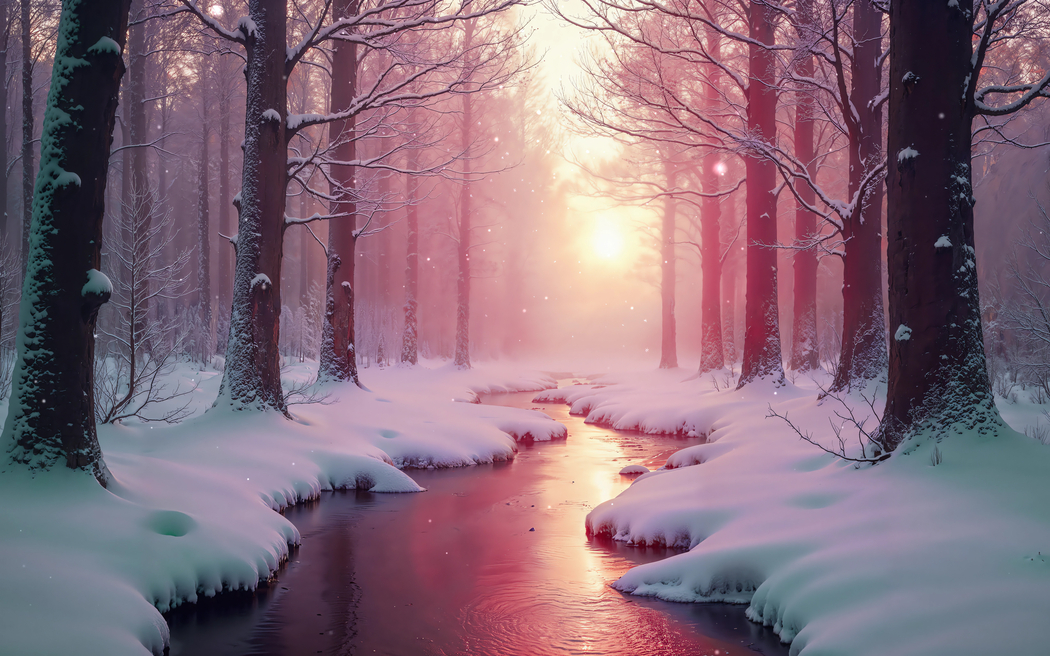 4K高清，粉色调冬季美景 树林溪流伴绝美雪景壁纸3840x2400下载
