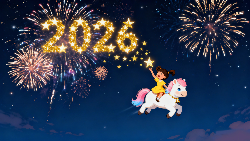 2026新年主题，4K高清飞马与小女孩烟花天空壁纸3840x2160下载