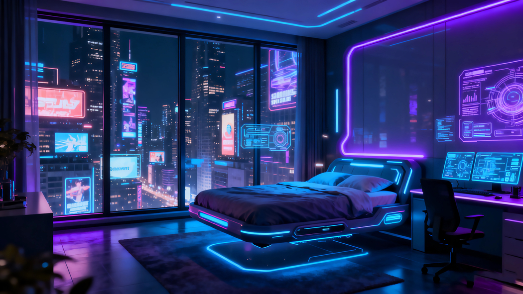 赛博朋克风格夜晚房间4K超清动漫电脑壁纸3840x2160下载