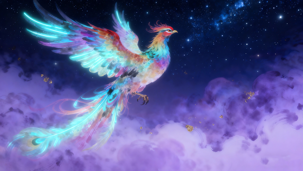 凤凰翱翔星空下，紫色祥云映衬唯美4K动物高清壁纸3840x2160下载