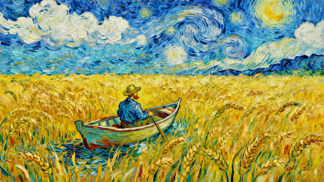 梵高风格麦浪小船4K超清油画风景壁纸3840x2160下载