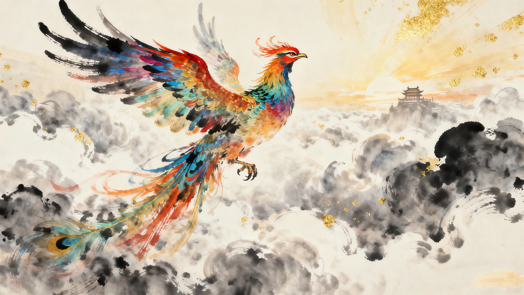 凤凰翱翔九重霄境·水墨风天空云景·4K超清动物壁纸3840x2160下载