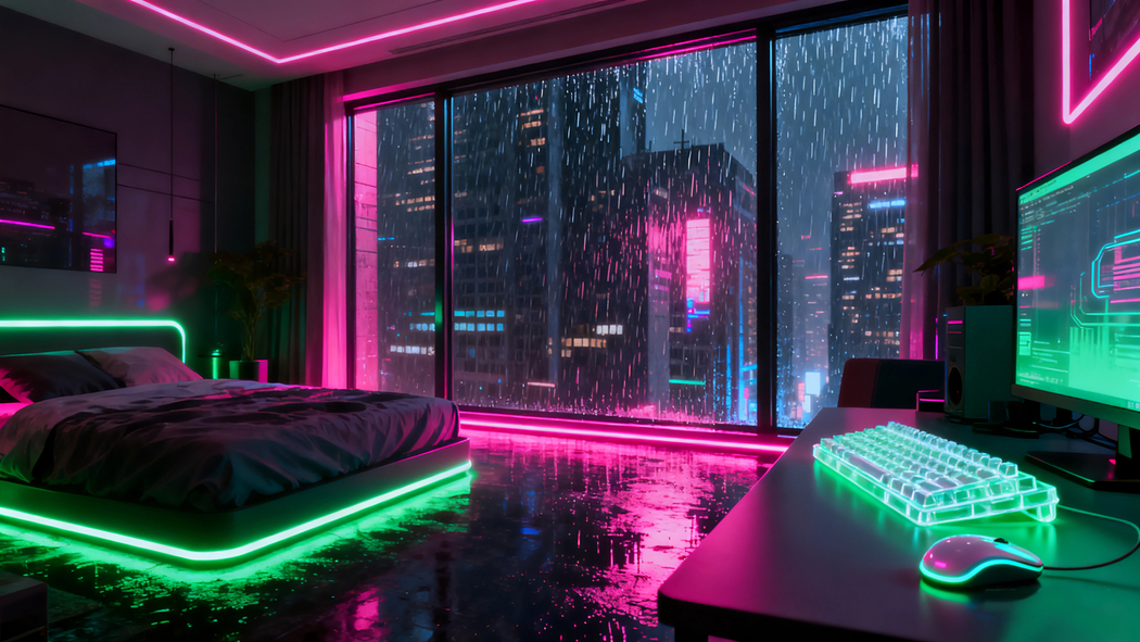 赛博朋克风格电脑桌与机械键盘4K高清动漫壁纸3840x2160下载 赛博朋克风格电脑桌与机械键盘4K高清动漫壁纸3840x2160下载