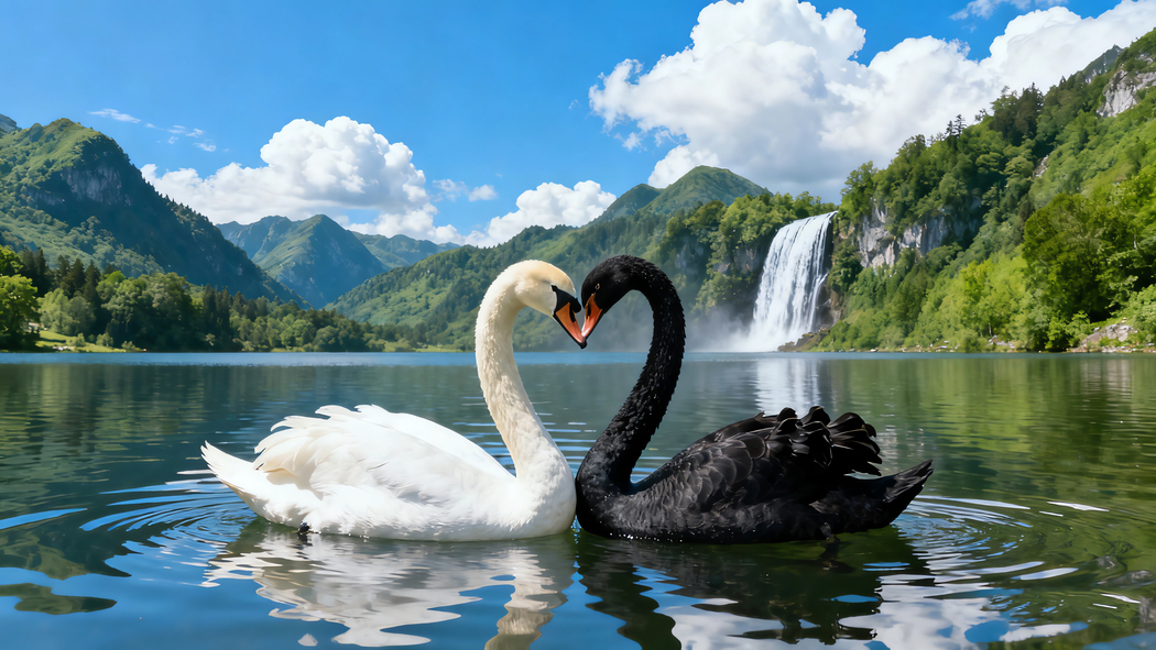 4K高清，浪漫湖畔天鹅对影 爱心环绕3840x2160壁纸下载