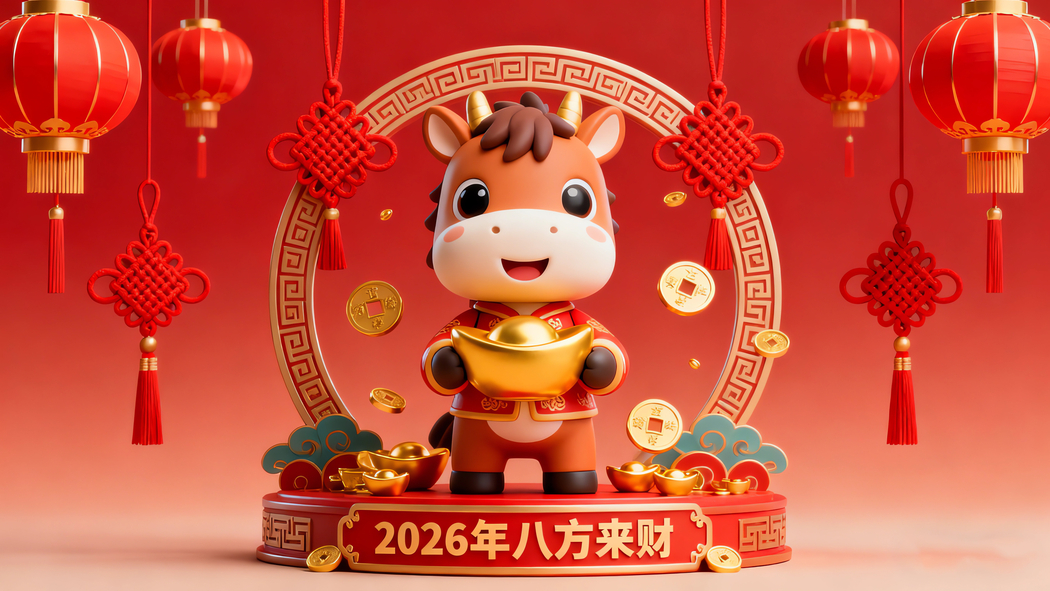2026新年可爱小马携元宝4K高清壁纸，八方来财喜庆背景3840x2160下载