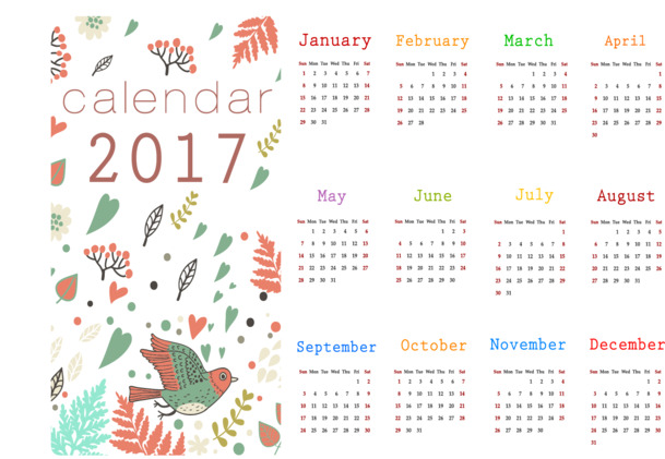 2017复古图案日历高清PNG透明装饰素材，PPT设计必备下载