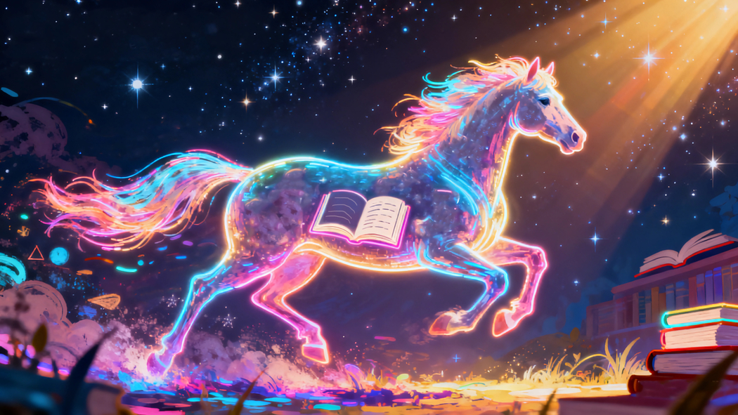 梦幻4K高清壁纸，唯美星空下骏马与书的3840x2160背景图下载