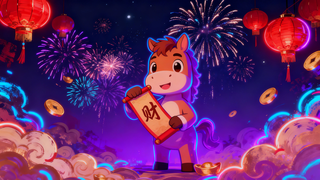 2026马年夜晚盛景，喜庆烟花映马儿伴财灯笼4K高清壁纸3840x2160下载