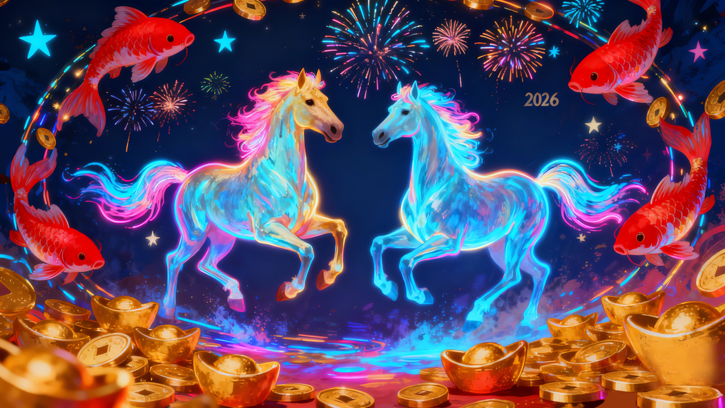 2026马年喜庆4K高清壁纸，双马、鲜花、鲤鱼、元宝伴节日盛景3840x2160下载