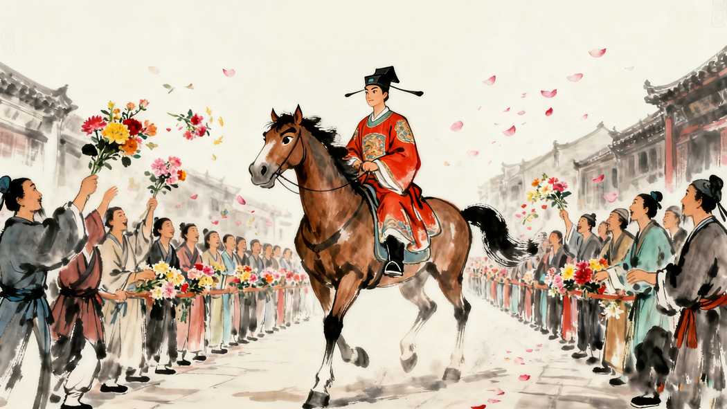 古风状元骑马游街市，众人献花4K高清人物壁纸3840x2160下载