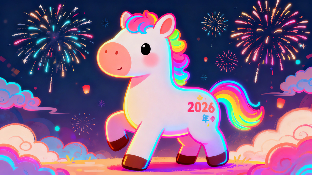 2026马年专属，超萌彩色小马配烟花4K高清壁纸3840x2160下载