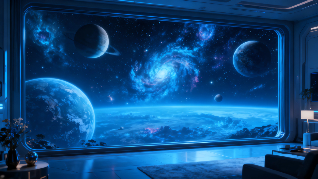 赛博朋克风4K高清,科幻太空舱客厅星空星球落地窗动漫壁纸3840x2160下载 赛博朋克风4K高清,科幻太空舱客厅星空星球落地窗动漫壁纸3840x2160下载